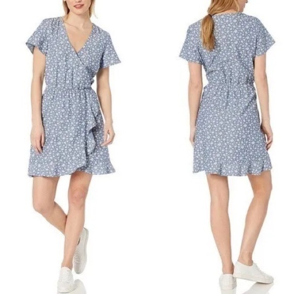 J. Crew NEW Floral Printed Chambray Ruffled Faux Wrap Dress Sz L - Picture 1 of 8